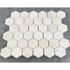 Vanilla Beige Marble - Mesh Mosaic Tile Collection - 2" Hexagon Pattern - Honed