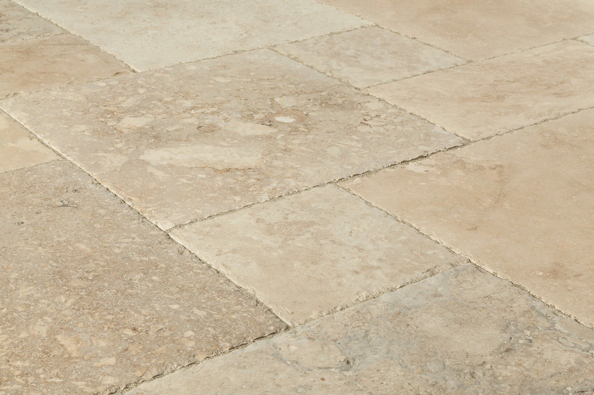 Antique Pattern Travertine Flooring Tiles - Mina Rustic / Brushed, Chiseled, and Partially Filled
