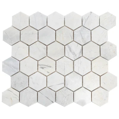 Palia White Dolomite - Mesh Mosaic Tile Collection - 2" Hexagon Pattern - Polished
