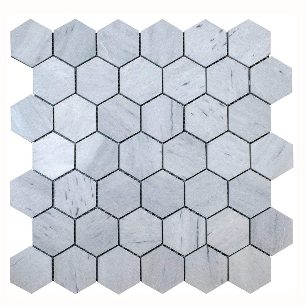 Solto White Marble - Mesh Mosaic Tile Collection - 2" Hexagon Pattern - Honed