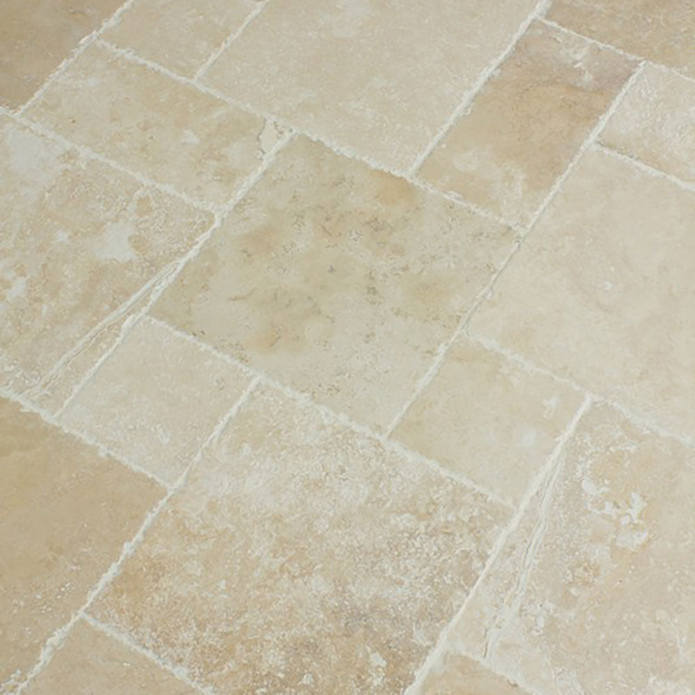 Antique Pattern Travertine Flooring Tiles - Denizli Beige Standard / Brushed, Chiseled, and Partially Filled