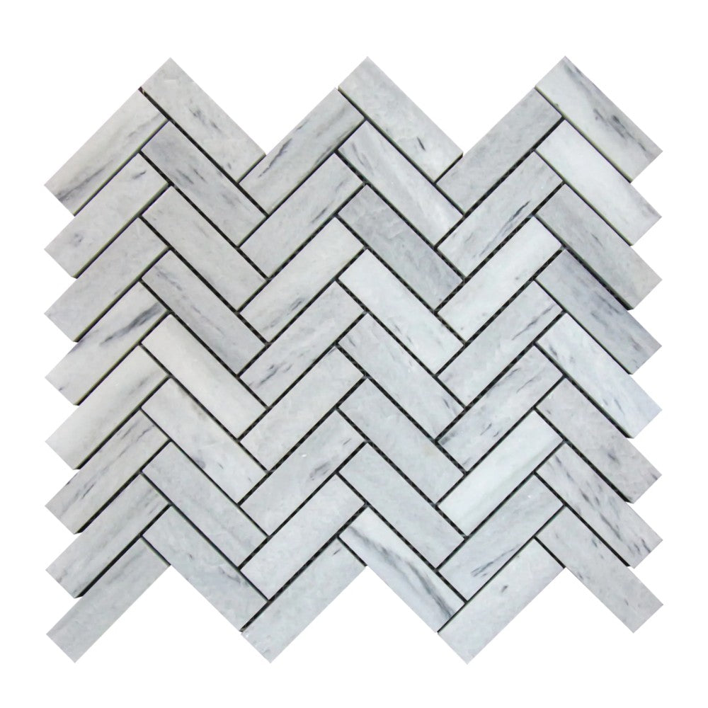 Solto White Marble - Mesh Mosaic Tile Collection - 1" x 3" Herringbone - Honed