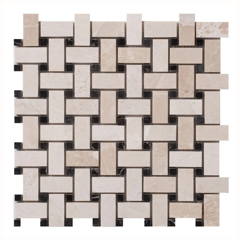 Vanilla Beige Marble - Mesh Mosaic Tile Collection - Basketweave Pattern - Honed